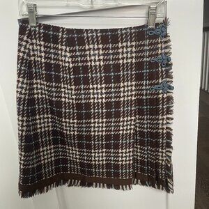 Vintage Womens Pleated Blue Brown Plaid 100%Wool Skirt Gross grain ribbon unique